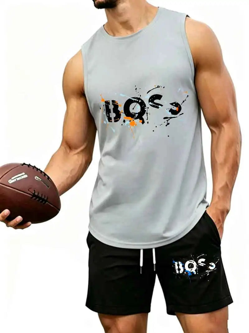 Men's Graffiti Letter Print 2-Piece Tracksuit, Sleeveless Muscle Tank Top with Drawstring Shorts, Casual Urban Sportswear