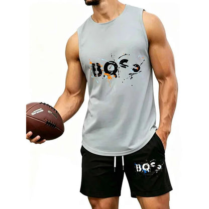 Men's  Graffiti Letter Print 2-Piece Tracksuit, Sleeveless Muscle Tank Top with Drawstring Shorts, Casual Urban Sportswear