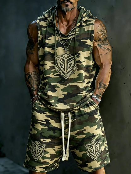 Men's Camouflage Sleeveless Hooded Tank & Shorts Set, Loose Comfort Casual Streetwear