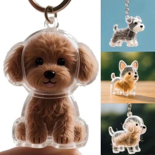 Pet Hair Keychain with transparent capsule holding pet fur keepsake in dog-shaped design