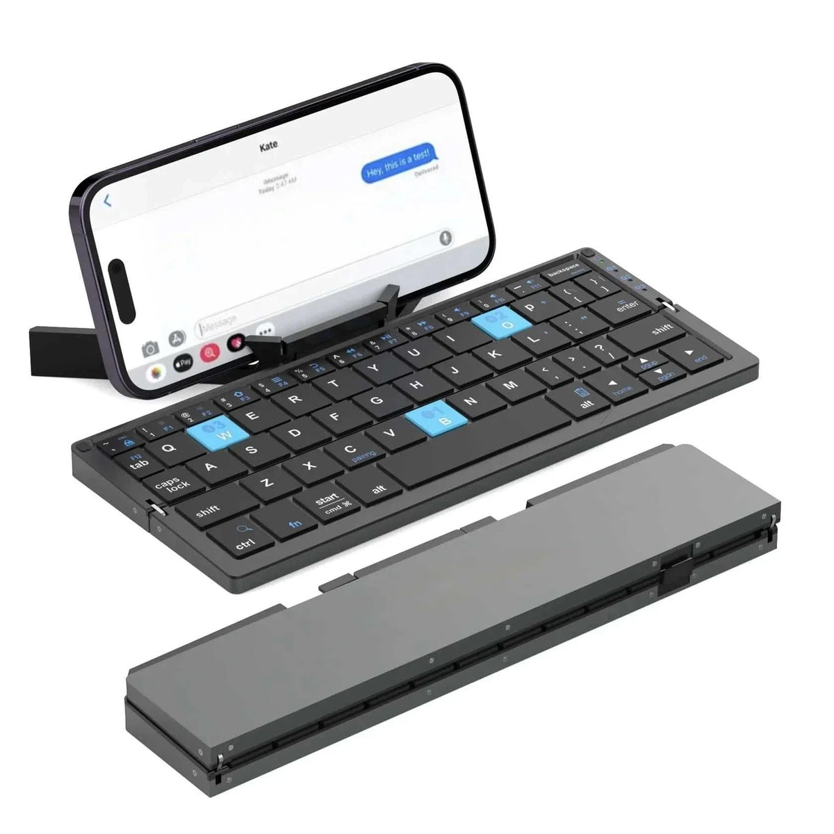 Mini foldable Bluetooth keyboard with aluminum alloy body and built-in stands for phone or tablet