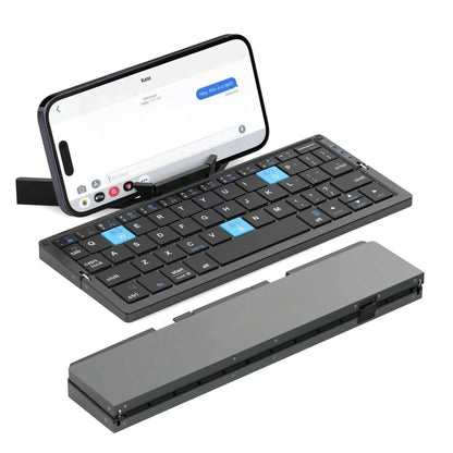 Mini foldable Bluetooth keyboard with aluminum alloy body and built-in stands for phone or tablet