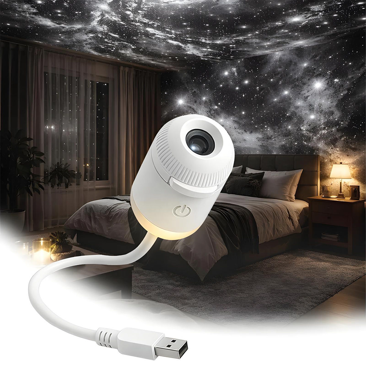 Compact white USB star projector with interchangeable space-image slide discs and flexible USB cable