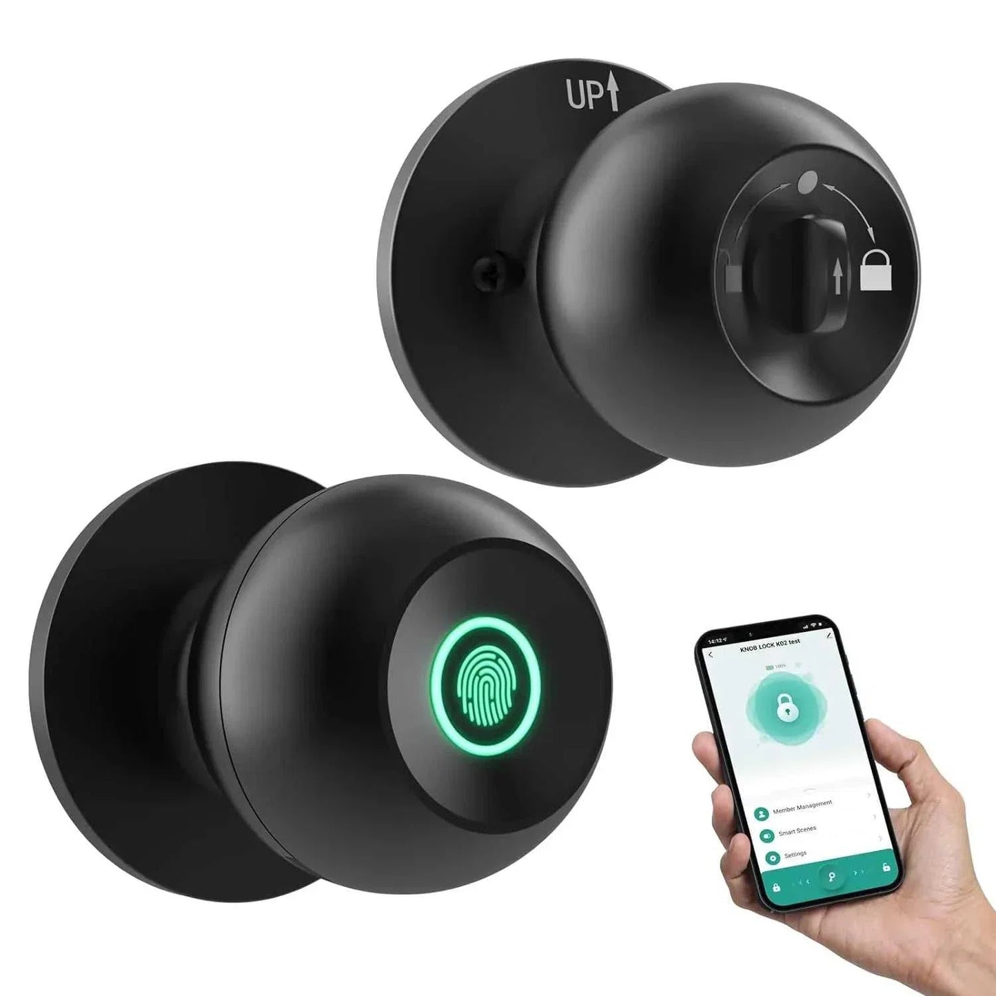 Smart door knob with biometric fingerprint, remote unlock, anti-theft security, and rechargeable battery installed on a door