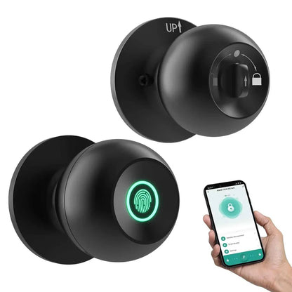 Smart door knob with biometric fingerprint, remote unlock, anti-theft security, and rechargeable battery installed on a door
