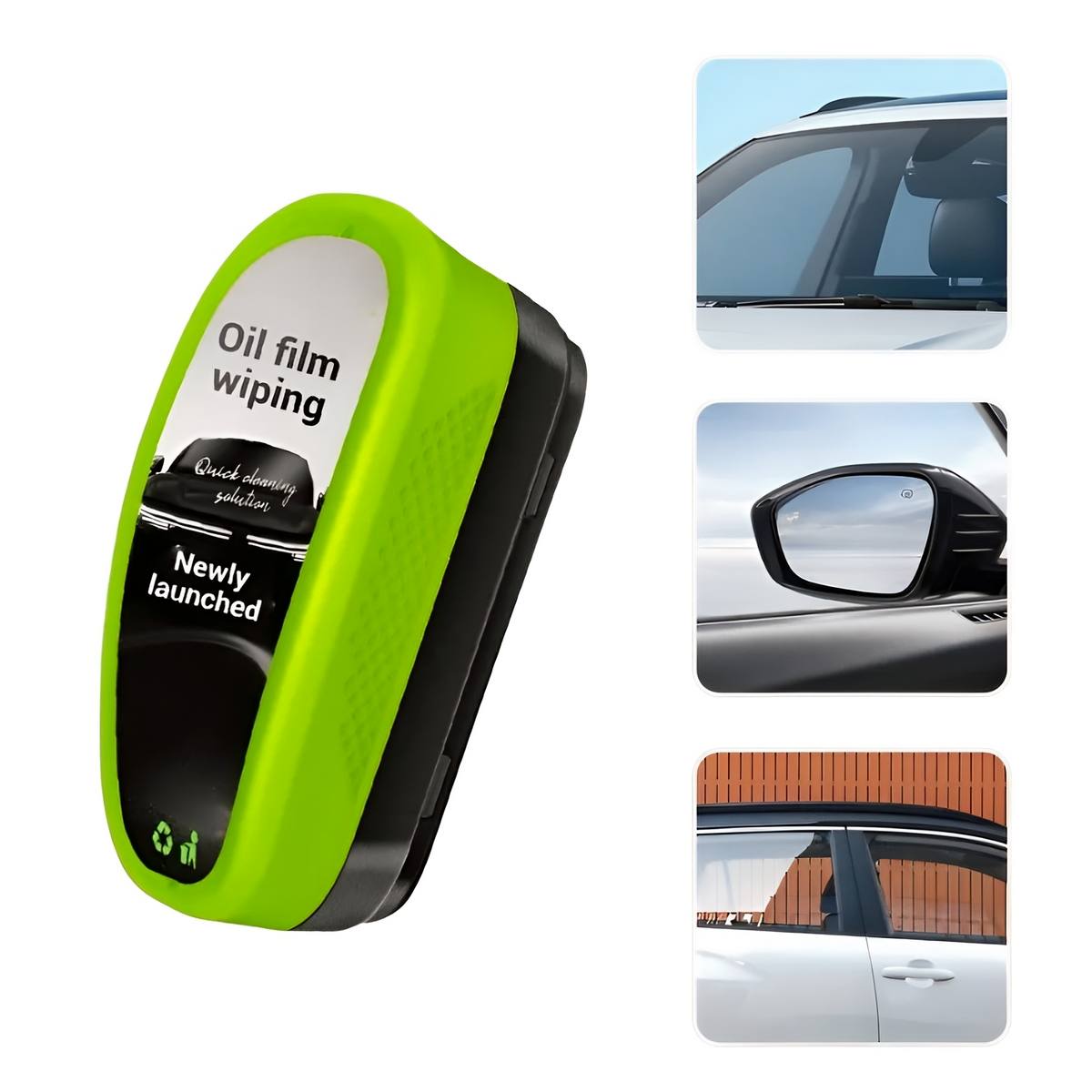 Green Oil Film Wipe cleaning windshield with built-in brush and liquid release button for streak-free clarity
