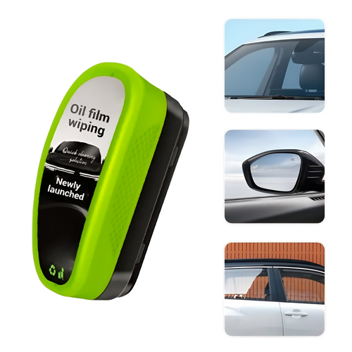 Green Oil Film Wipe cleaning windshield with built-in brush and liquid release button for streak-free clarity