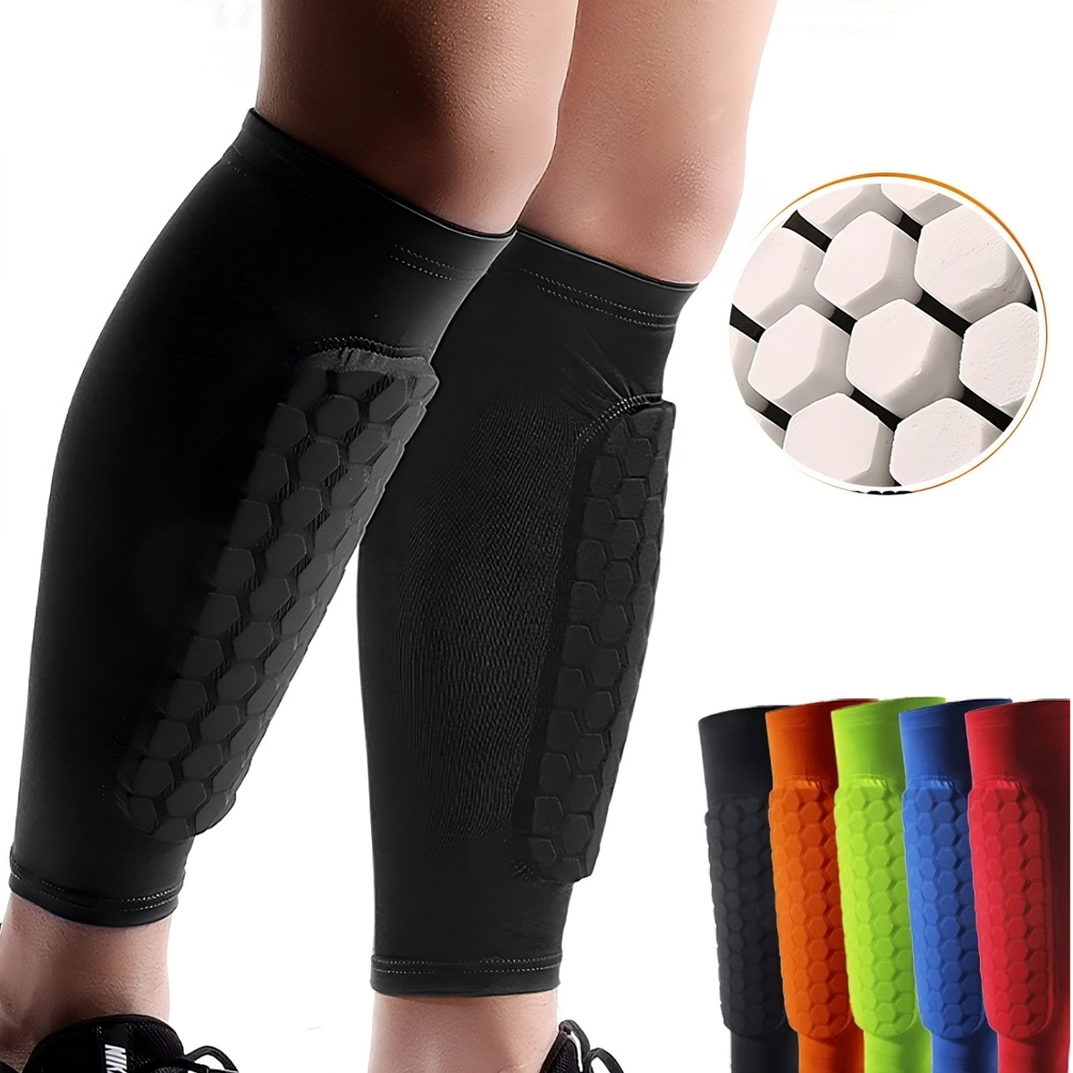 black shin guard sock sleeves with foam padding for sports protection
