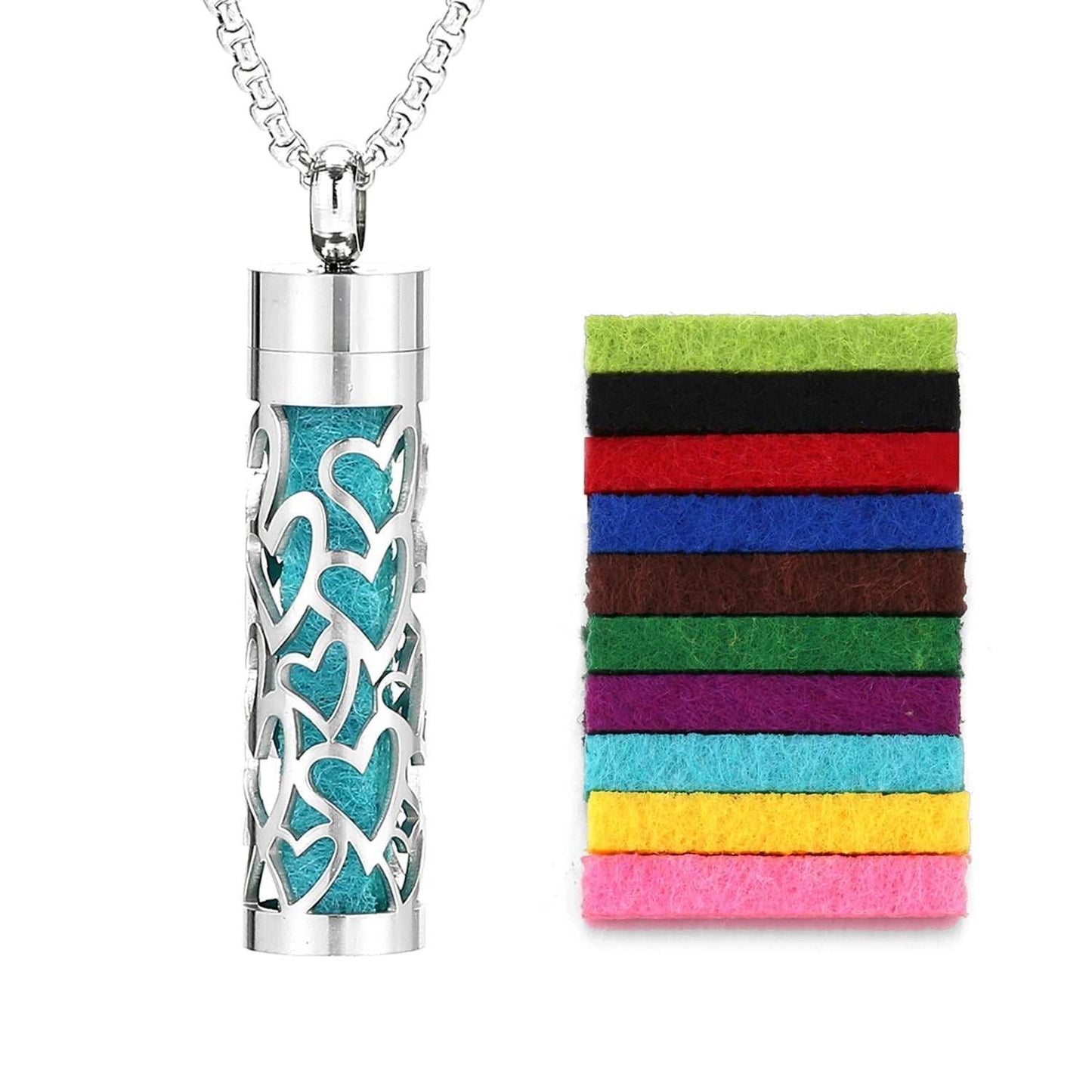 Elegant stainless steel scent necklace on a white background, wearable personal perfume diffuser accessory