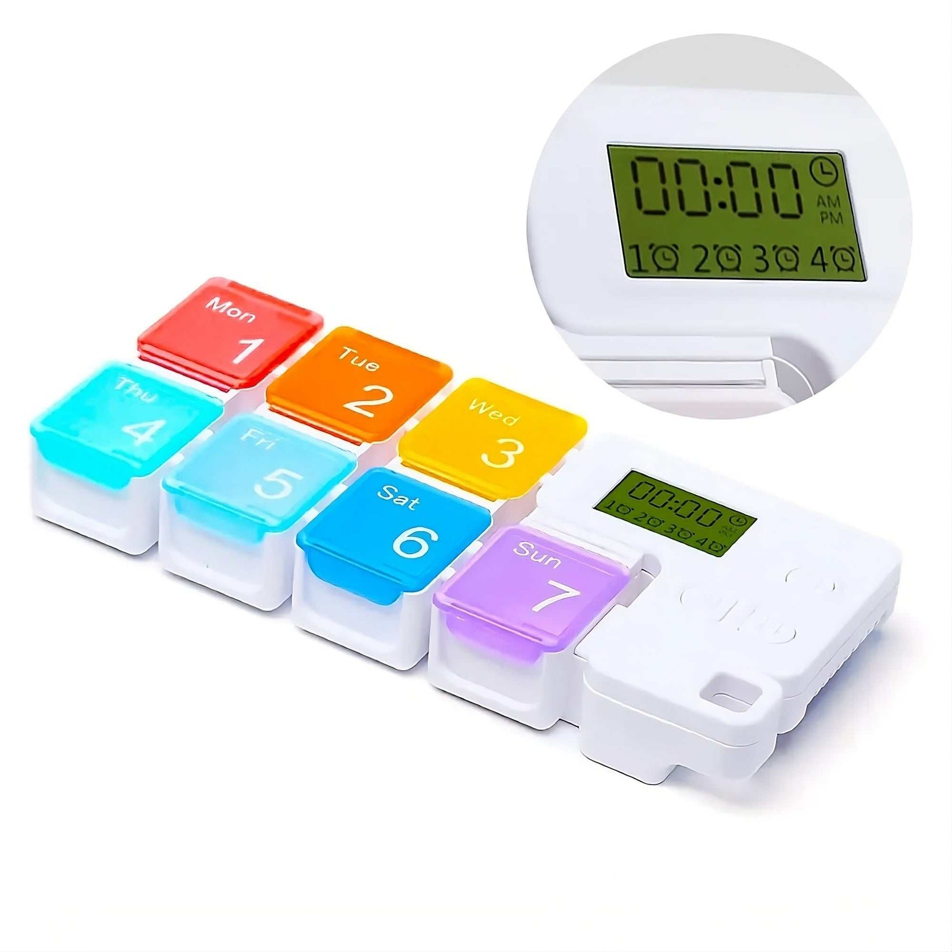 Drug Storage Alarm Box with programmable alarms and large clear display, 14 AM/PM pill compartments, color-coded lids, BPA-free and travel-ready design