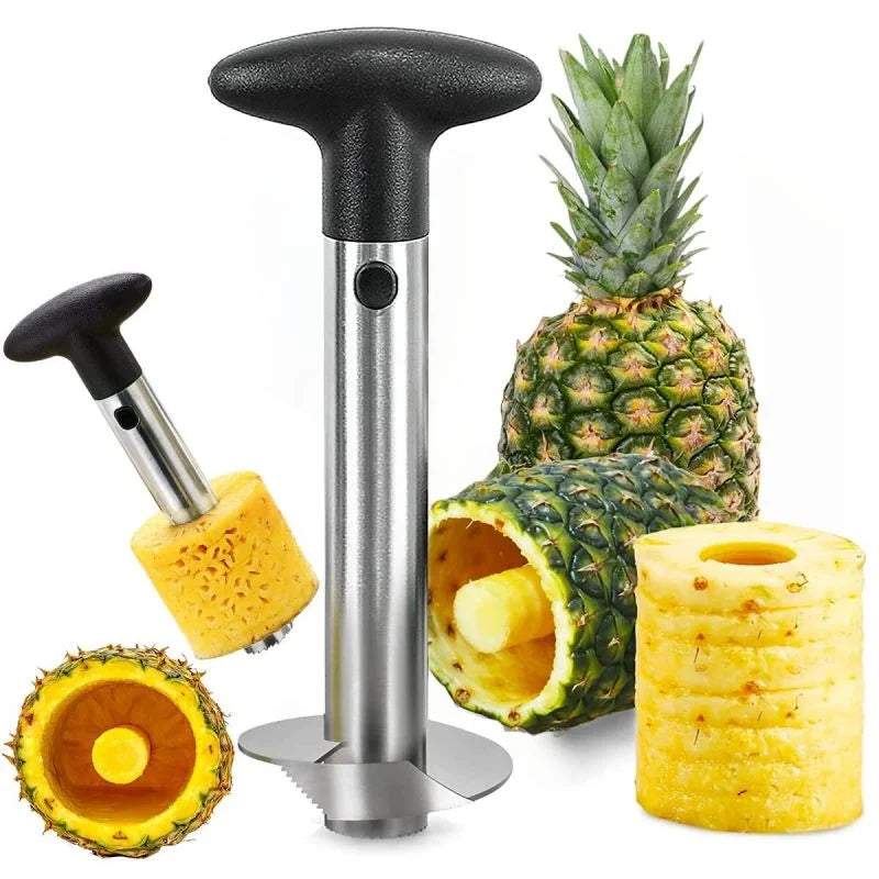 Pineapple cutter tool slicing fresh pineapple into rings with ergonomic handle and sharp stainless steel blade