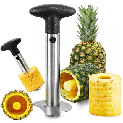 Pineapple cutter tool slicing fresh pineapple into rings with ergonomic handle and sharp stainless steel blade