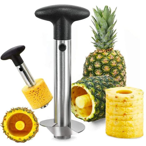 Pineapple cutter tool slicing fresh pineapple into rings with ergonomic handle and sharp stainless steel blade