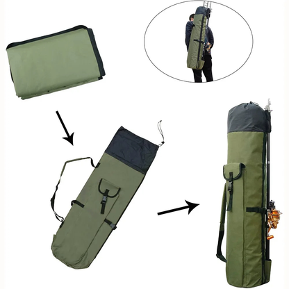 Foldable fishing rod carrier bag with shoulder strap and exterior rod holders for organized fishing gear storage