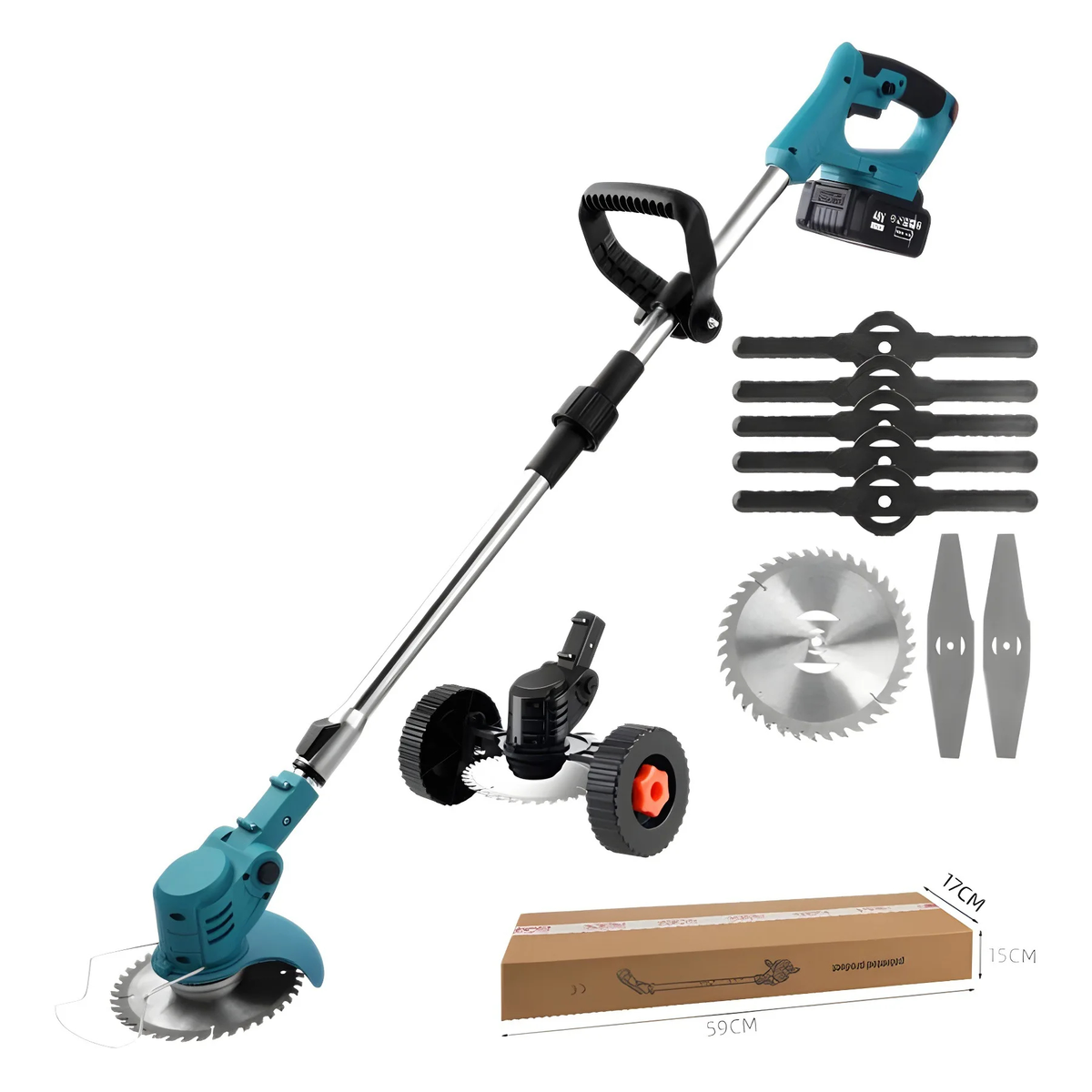 Cordless folding grass trimmer with telescoping shaft, wheeled head, auxiliary handle, and blade assortment for garden trimming tasks