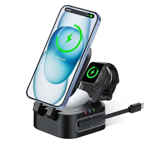 Magnetic 3 in 1 wireless charger station charging iPhone, Apple Watch, and AirPods simultaneously