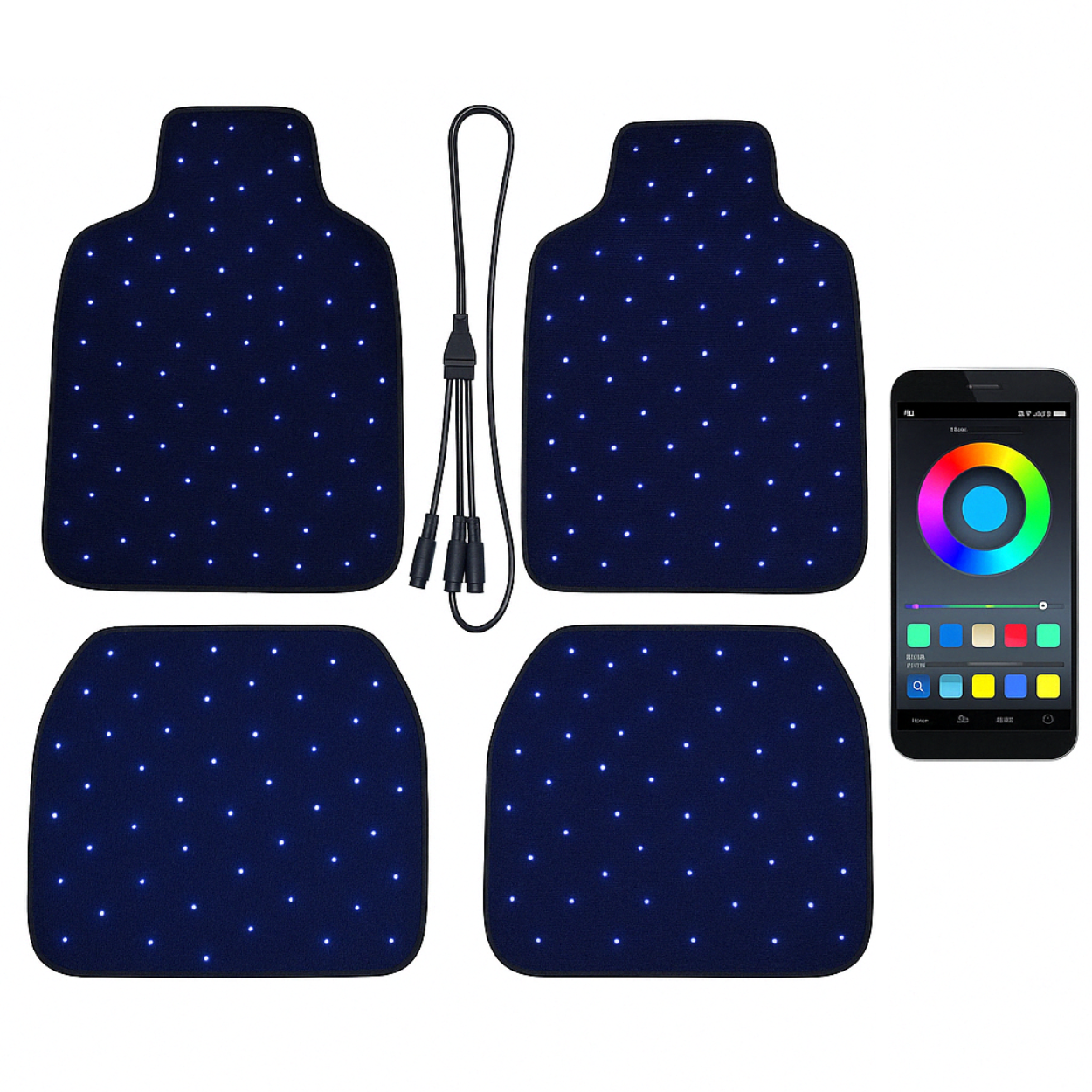 Starlight Car Mats glowing with twinkling fiber optic stars in a car interior
