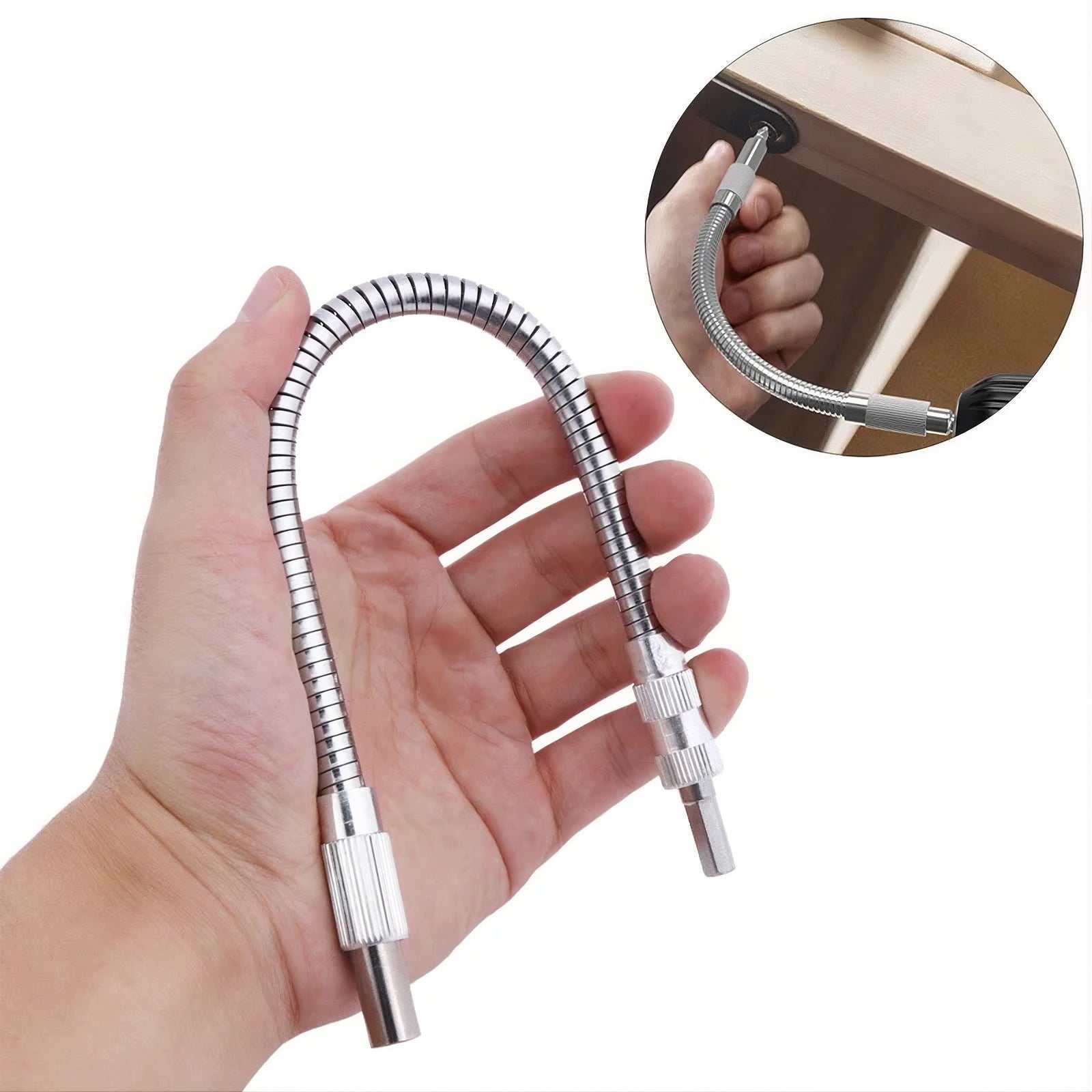 Flexible drill adapter with 105° right angle and flexible shaft for tight spaces and standard 1/4-inch hex bits.