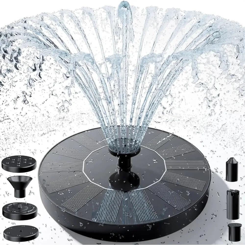 13 cm compact floating solar fountain with interchangeable spray heads on water surface