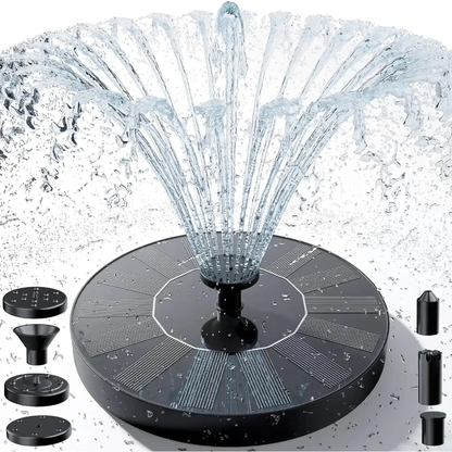 13 cm compact floating solar fountain with interchangeable spray heads on water surface
