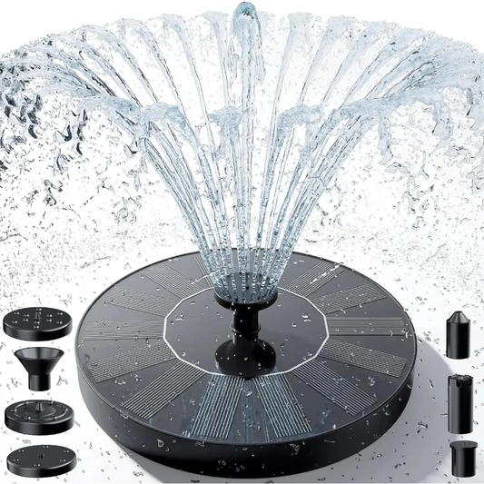 13 cm compact floating solar fountain with interchangeable spray heads on water surface