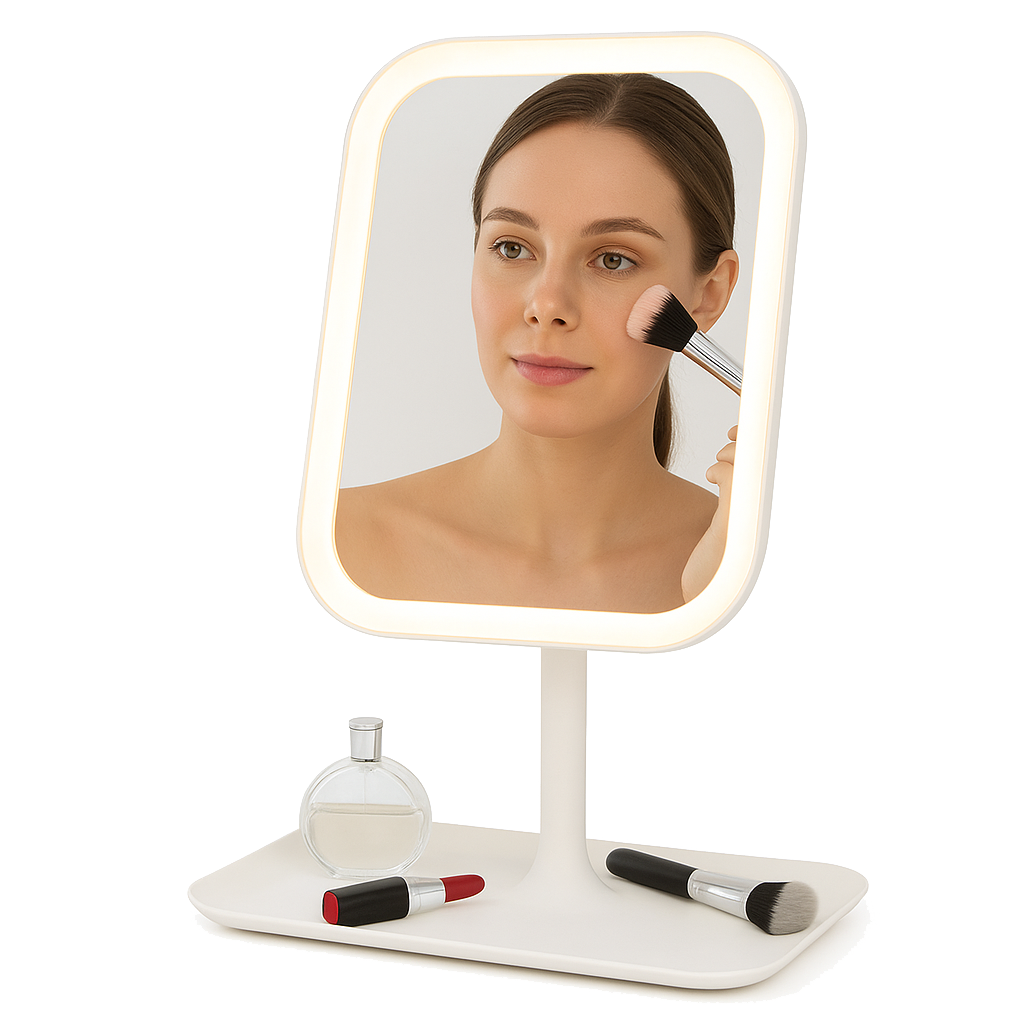 LED makeup mirror with 3 color modes and touch brightness control on vanity table