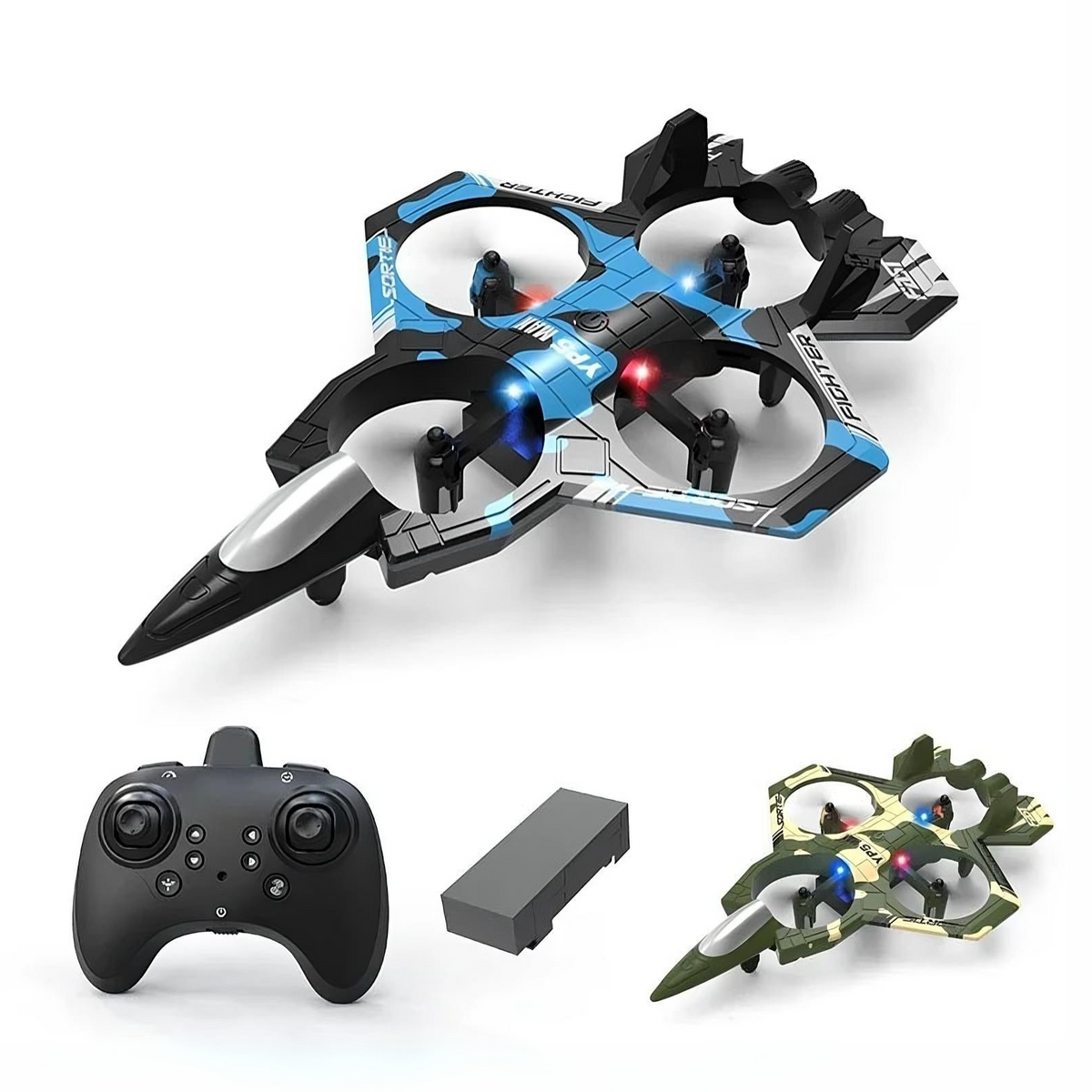 RC Foam Fighter Drone in flight with LED lights and stunt capabilities