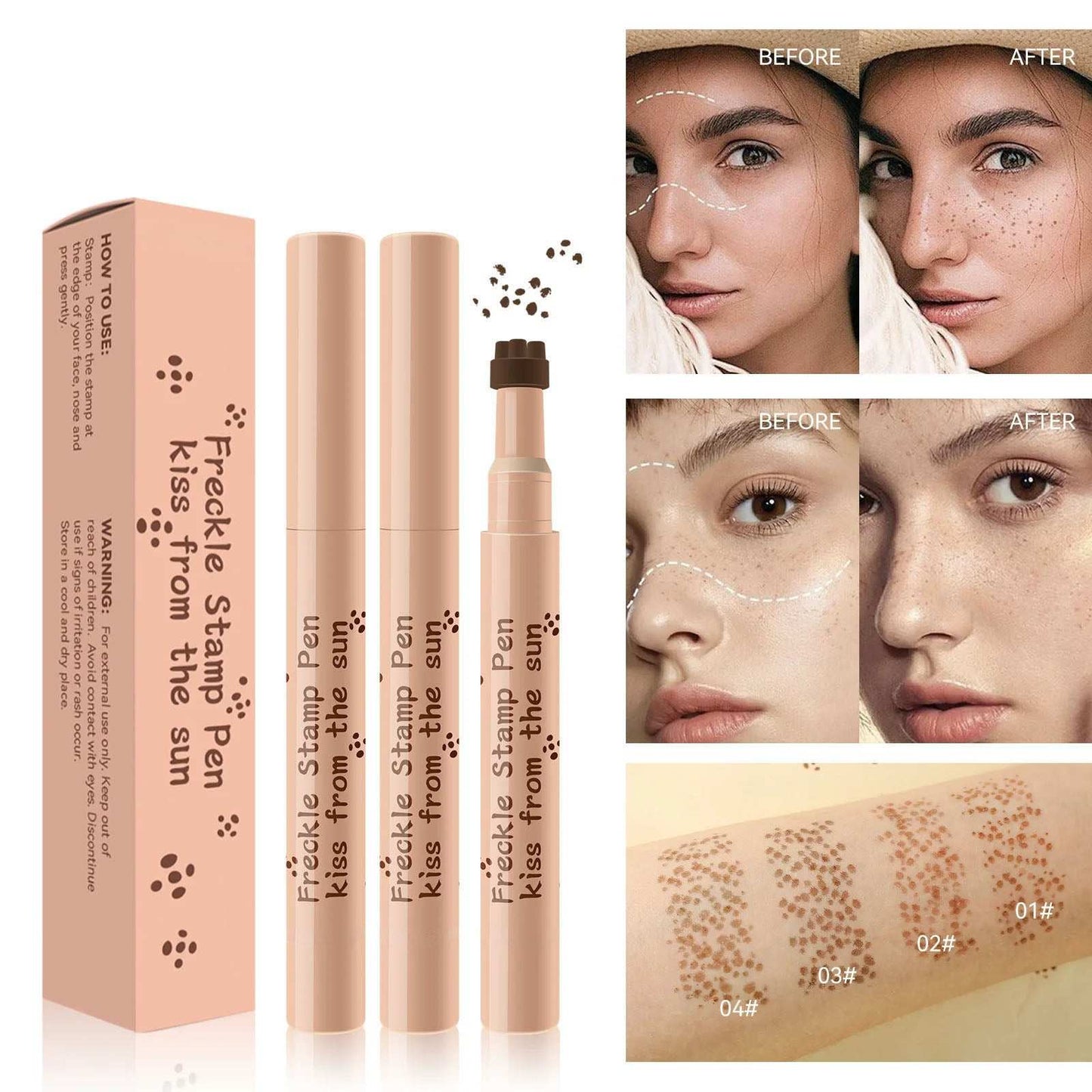 Waterproof Freckle Pen with fine felt tip and four blendable shades for natural sun-kissed freckles