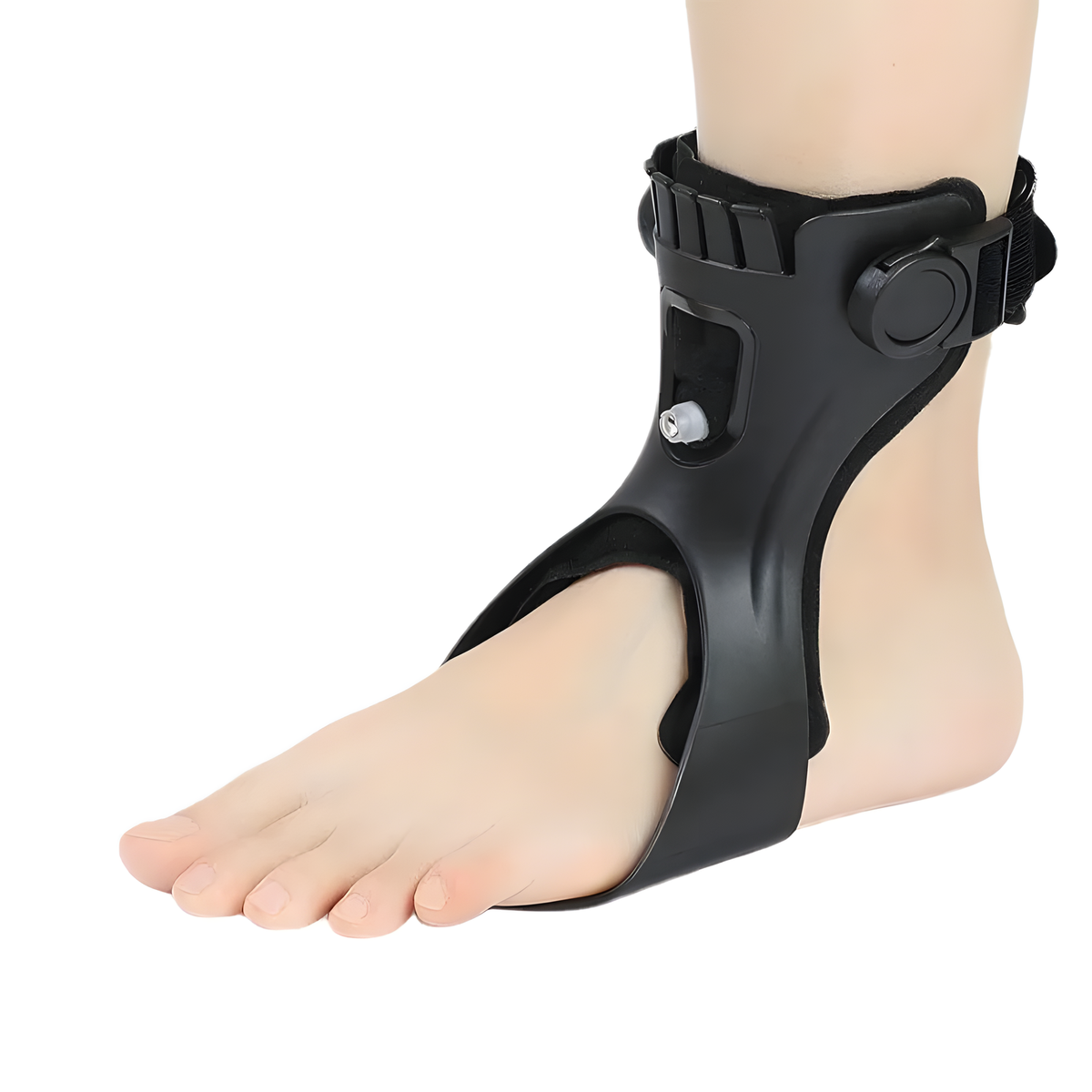 Lightweight inflatable ankle support brace with adjustable air pad and buckle closure worn inside a shoe