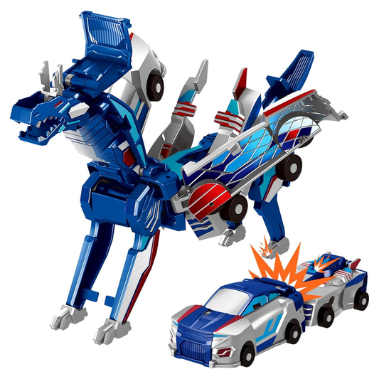 2 in 1 transforming race car toy that converts into a colorful winged dinosaur.