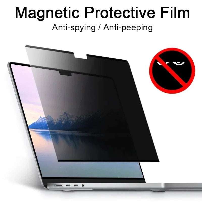 MacBook with magnetic privacy screen protector showing clear front view and darkened side view for privacy