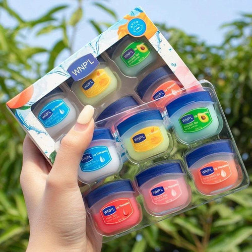 Hydrating Lip Balm Set with six plant-based nourishing balms for soft, moisturized lips in stylish tubes