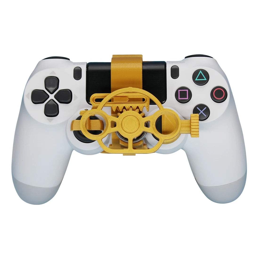 Mini steering wheel attachment clipped onto a PS4 controller for immersive racing gameplay
