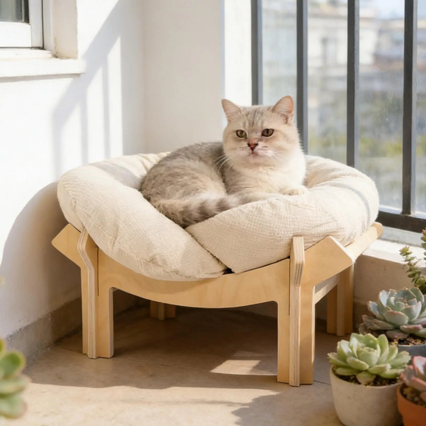 Wooden frame cat bed with cream flower-shaped cushion on raised platform