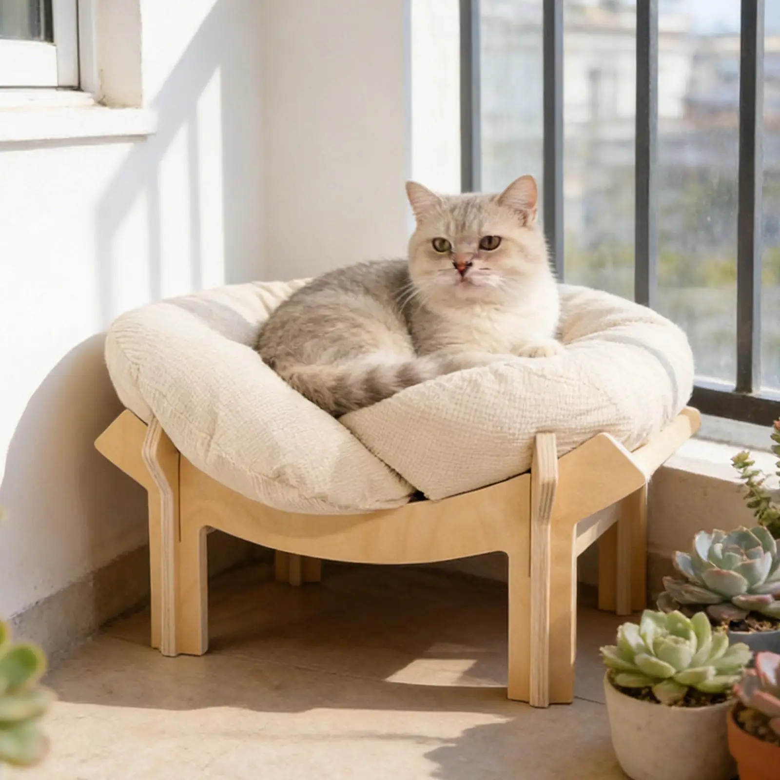 Wooden frame cat bed with cream flower-shaped cushion on raised platform
