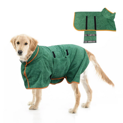 Small dog wearing an adjustable dog bathrobe towel for drying and warmth