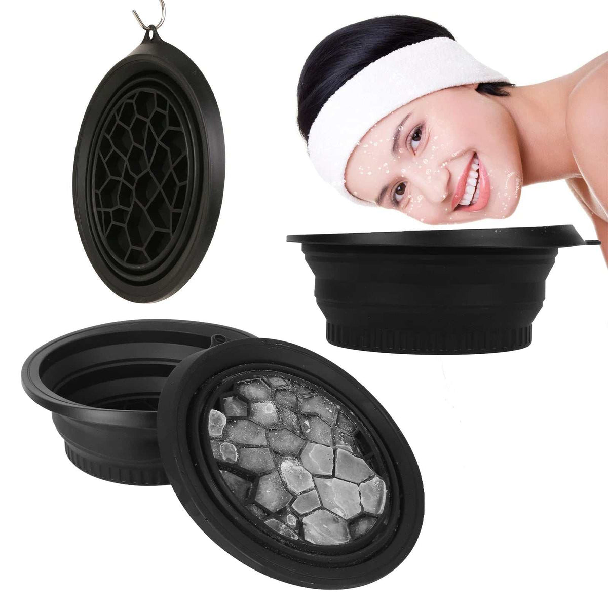 Facial Ice Bath Bowl demonstrating full-face cold therapy and collapsible design for skincare benefits
