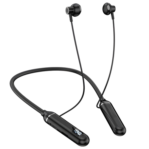 Bluetooth neckband earphones with flexible band, small display, Type-C charging, and built-in card slot for wireless audio.