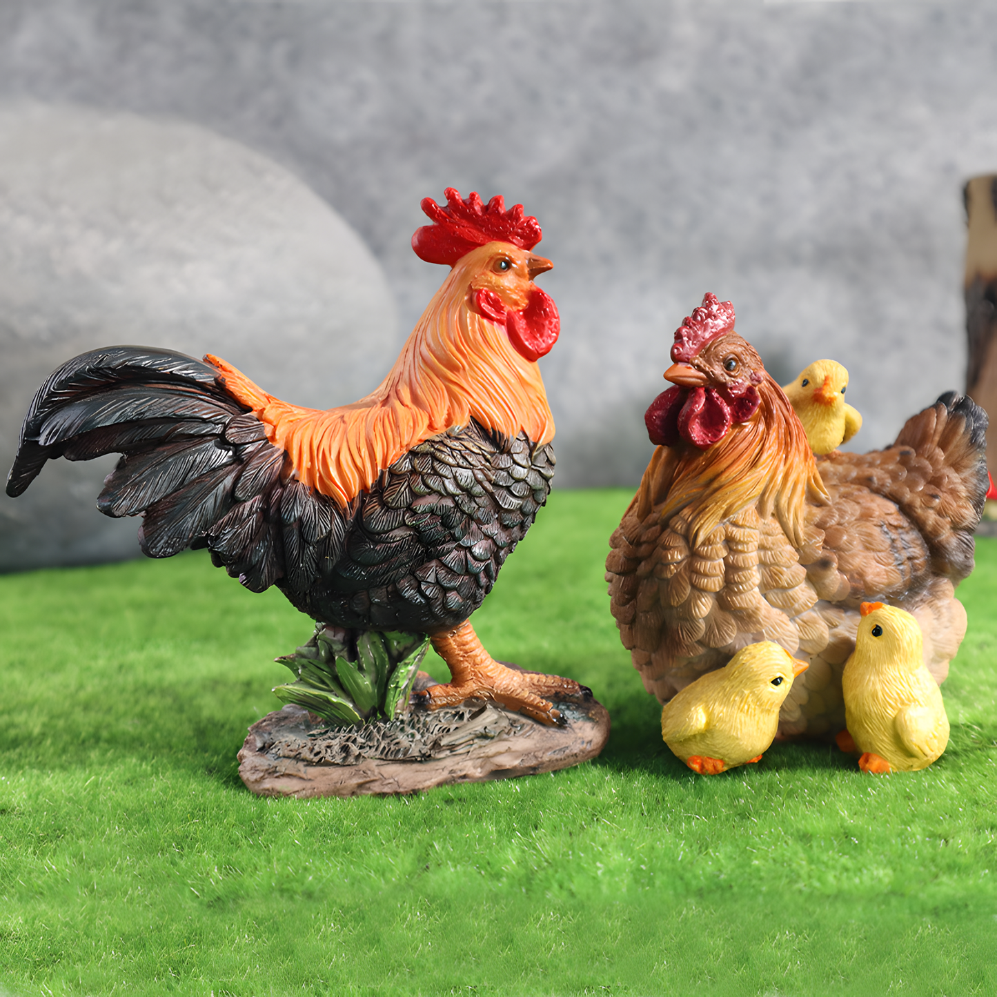 Farm bird garden ornament featuring detailed rooster and hen with chicks for rustic decor