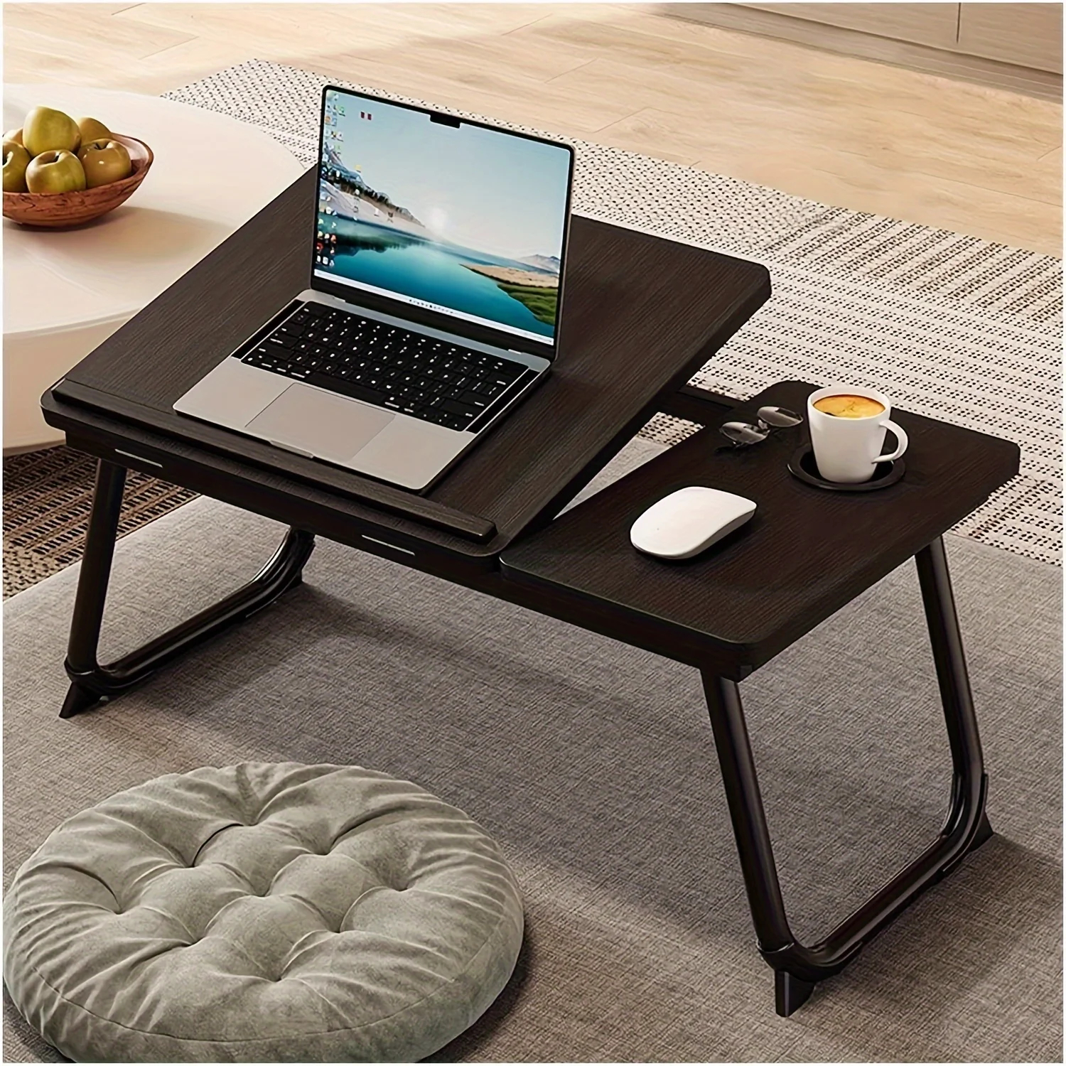 Adjustable folding bed table with tilting surface and folding metal legs for laptop or reading
