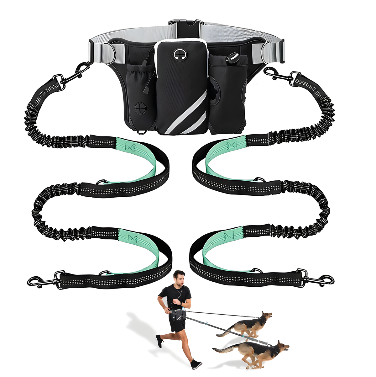 Black dog walking waist pack with storage compartments and attached bungee leash on hips for hands-free control