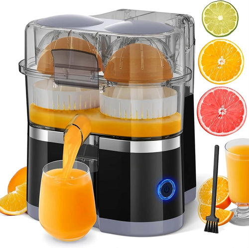 Dual Head Electric Juicer extracting juice from two citrus halves simultaneously on a countertop