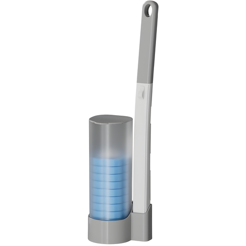 Disposable head toilet cleaning brush with angled handle and compact holder in gray and white options