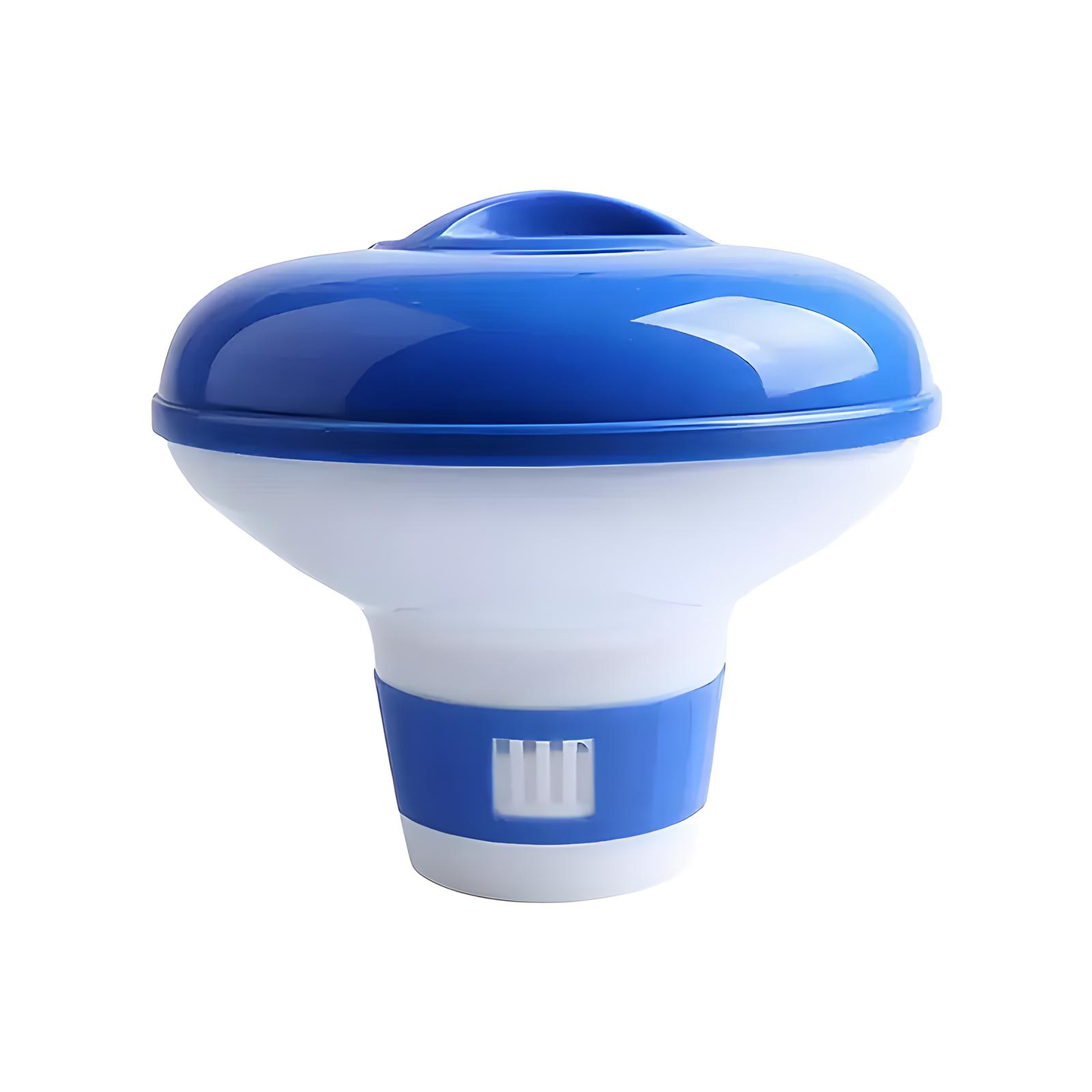 Blue and white adjustable pool tablet floater with twist-open lid floating on water surface