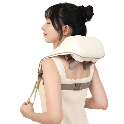 Wearable neck and shoulder massager with padded wrap, adjustable straps, and USB charging in gray color