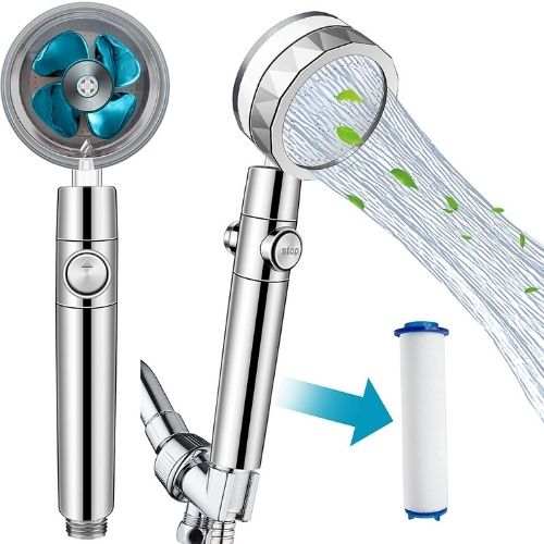 Close-up of a modern propeller shower head with high-pressure water flow