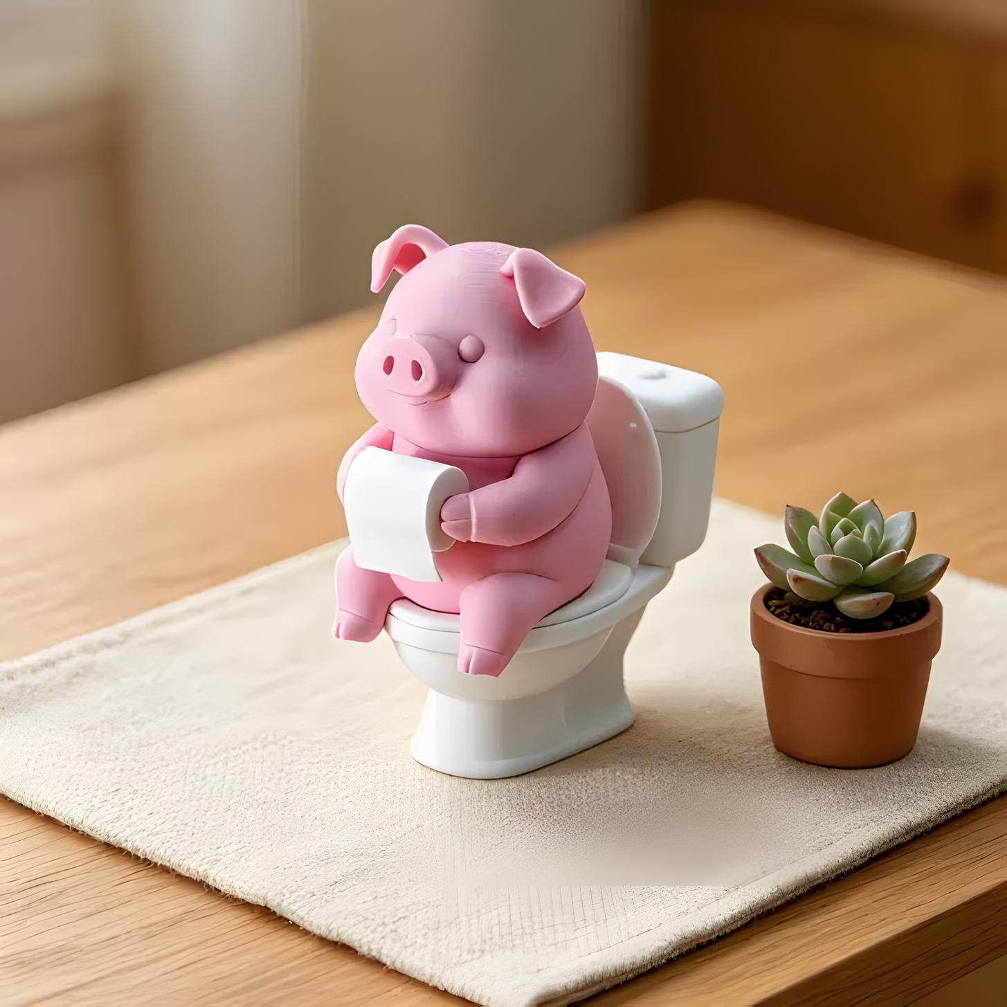 Pink pig toilet paper holder ornament sitting on miniature toilet for bathroom decor