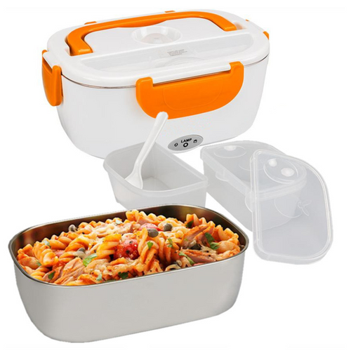 2-In-1 electric heating lunch box with dual compartments and adapters for home, car, and travel use