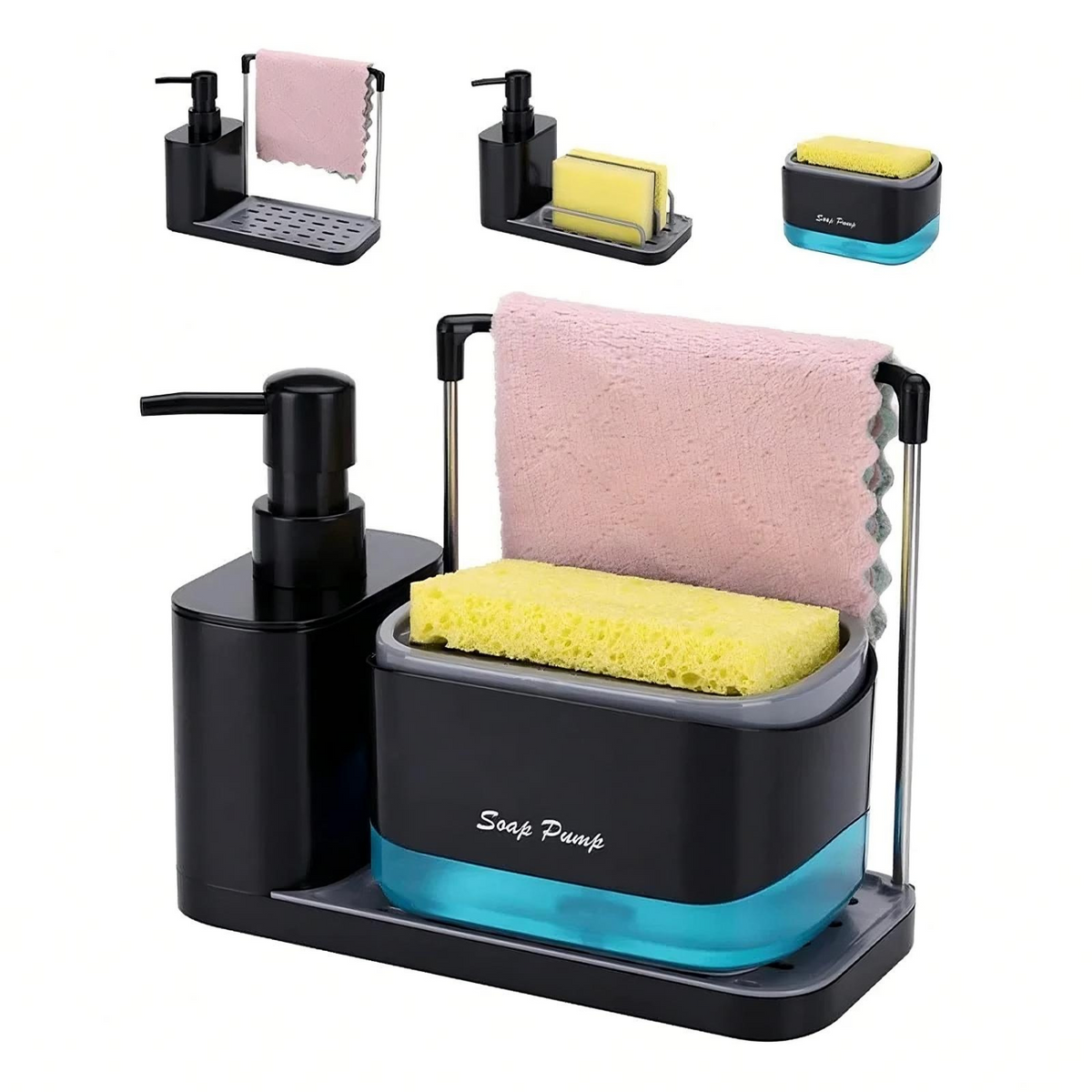 5-in-1 hand and dish soap dispenser set with dual pumps, sponge holder, dishcloth bar, and draining tray for organized sink storage