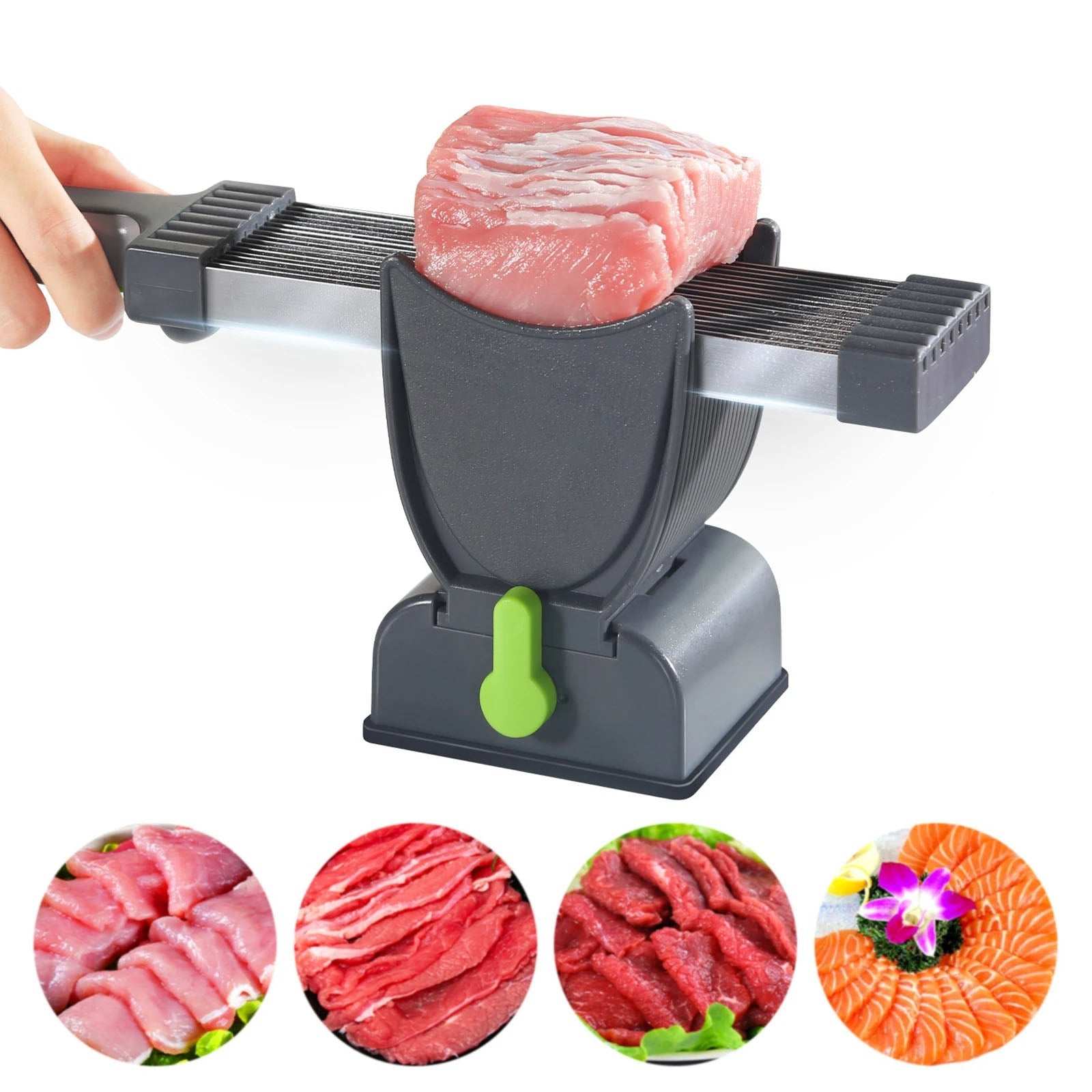 Fresh Meat Slicer with 17 stainless steel blades slicing meat into uniform thin slices